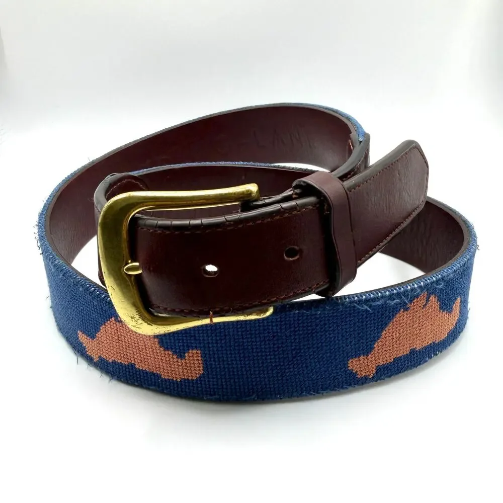 Harding Lane Blue Genuine Leather Preppy Marthas Vineyard Needlepoint Belt